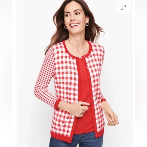 Talbots Red White Gingham Cardigan SweaterSize XL 3/4 Sleeve Cottagecore NWT - Picture 1 of 8